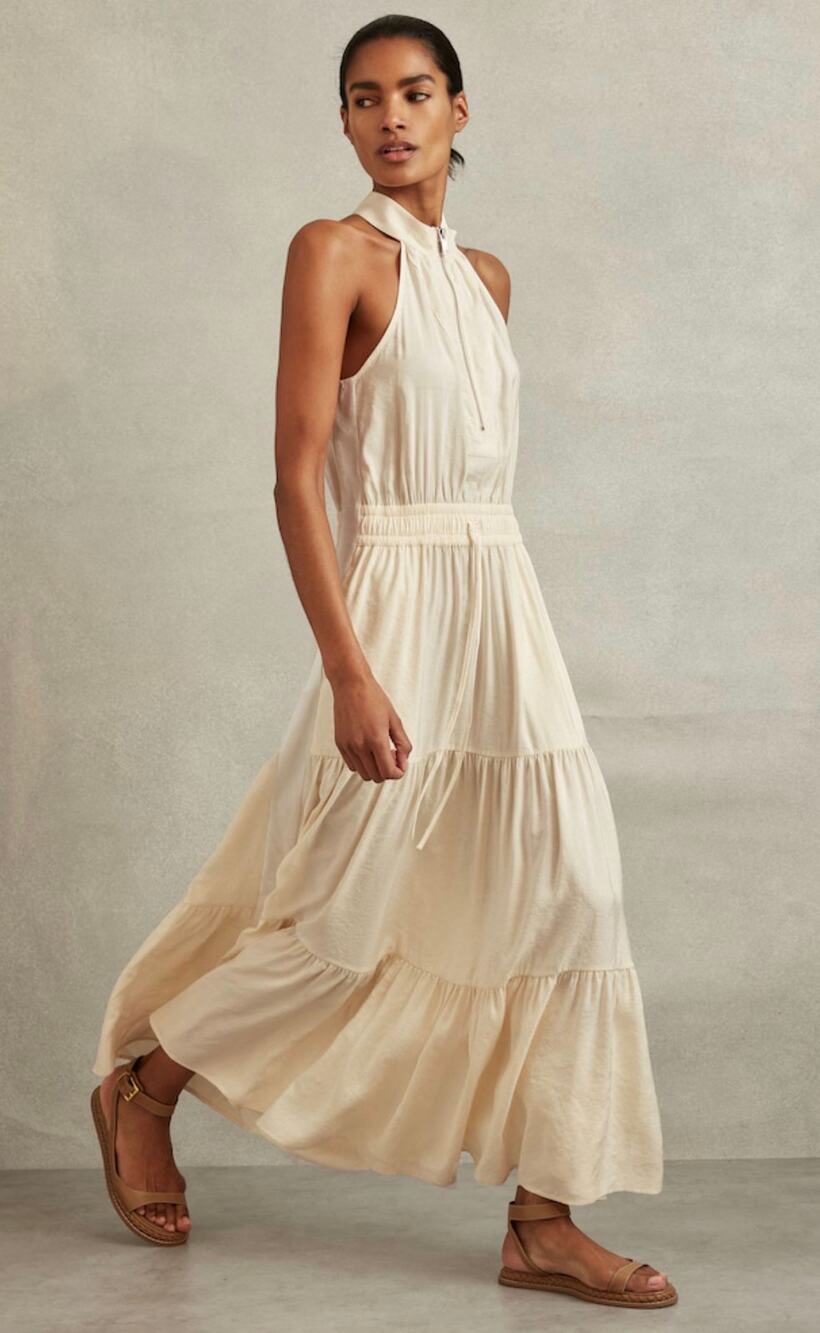 Reiss Taylor Drawstring Waist Tiered Midi Dress in Neutral size 6